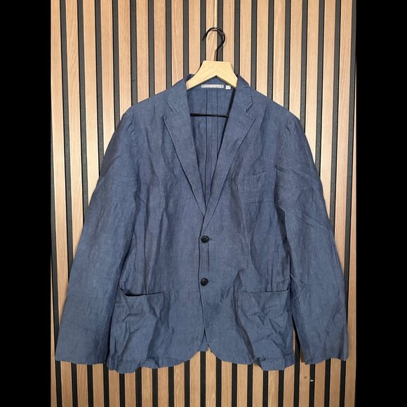 Uniqlo Blazer Medium Mens Blue Gray Cotton Linen Front Pocket 2 Button - Picture 1 of 8